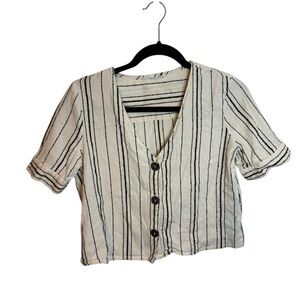 MNG Cream & Black Textured Striped Linen Blend Short Sleeve Button Down Top